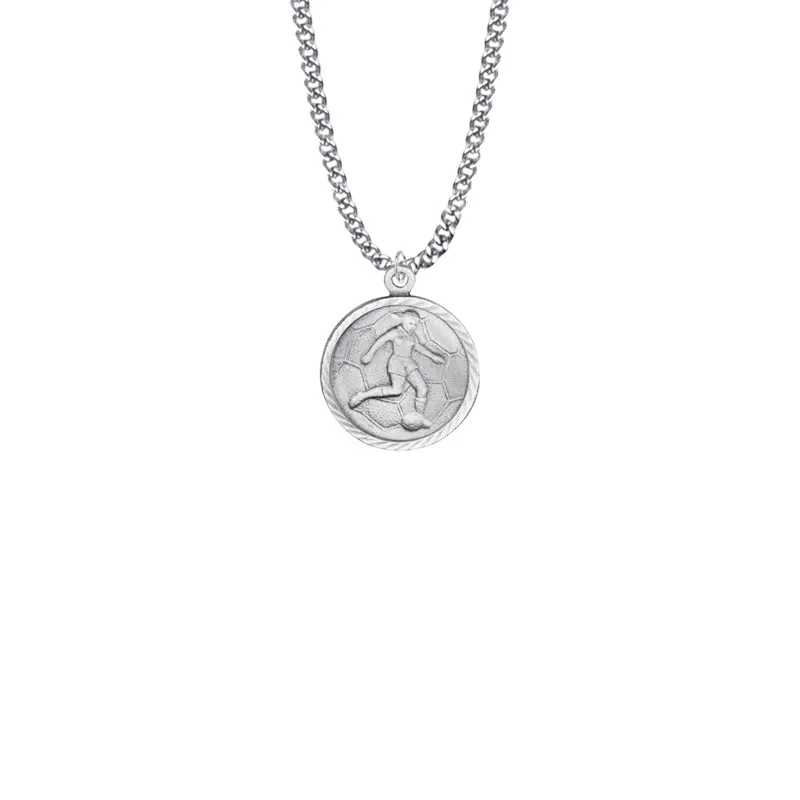 15/16 Inch Round Nickel Silver Girl's Soccer Player Medal with St. Christopher on Back