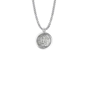 15/16 Inch Round Sterling Silver Girl's Soccer Player Medal with St. Christopher on Back