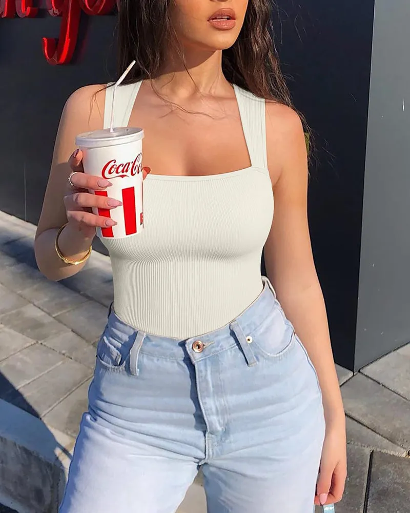 🔥2024  Summer Sale 49% OFF 🔥Sexy Ribbed Strappy Square Neck Sleeveless Tummy Control Tank Tops Bodysuits🩱