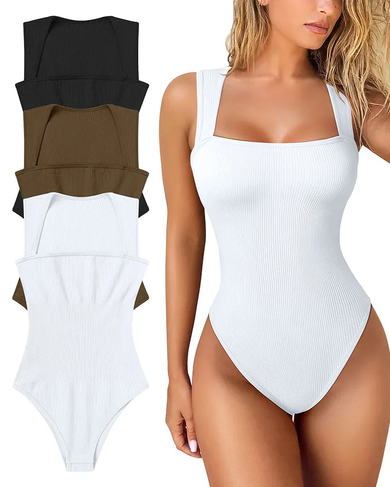 🔥2024  Summer Sale 49% OFF 🔥Sexy Ribbed Strappy Square Neck Sleeveless Tummy Control Tank Tops Bodysuits🩱