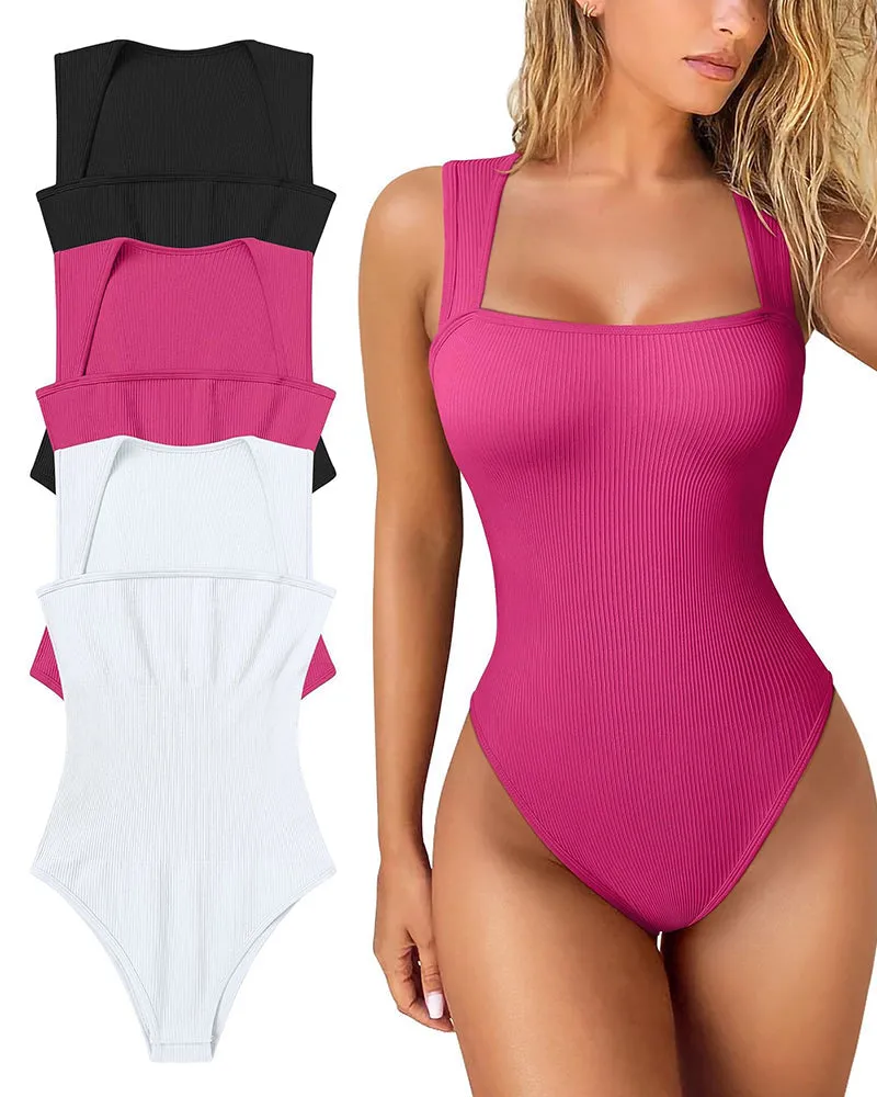 🔥2024  Summer Sale 49% OFF 🔥Sexy Ribbed Strappy Square Neck Sleeveless Tummy Control Tank Tops Bodysuits🩱