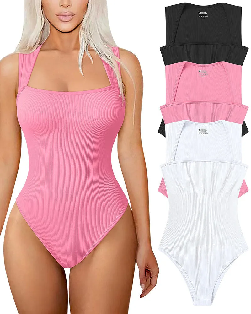 🔥2024  Summer Sale 49% OFF 🔥Sexy Ribbed Strappy Square Neck Sleeveless Tummy Control Tank Tops Bodysuits🩱