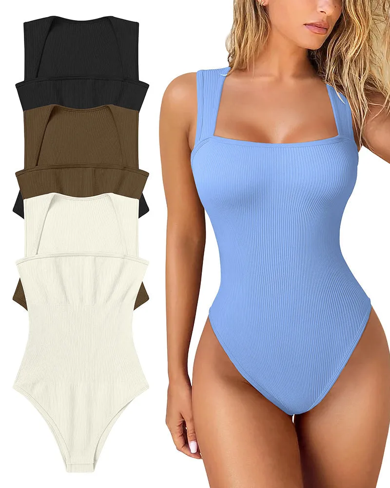 🔥Buy 1 get 1 free  🔥Sexy Ribbed Strappy Square Neck Sleeveless Tummy Control Tank Tops Bodysuits🩱