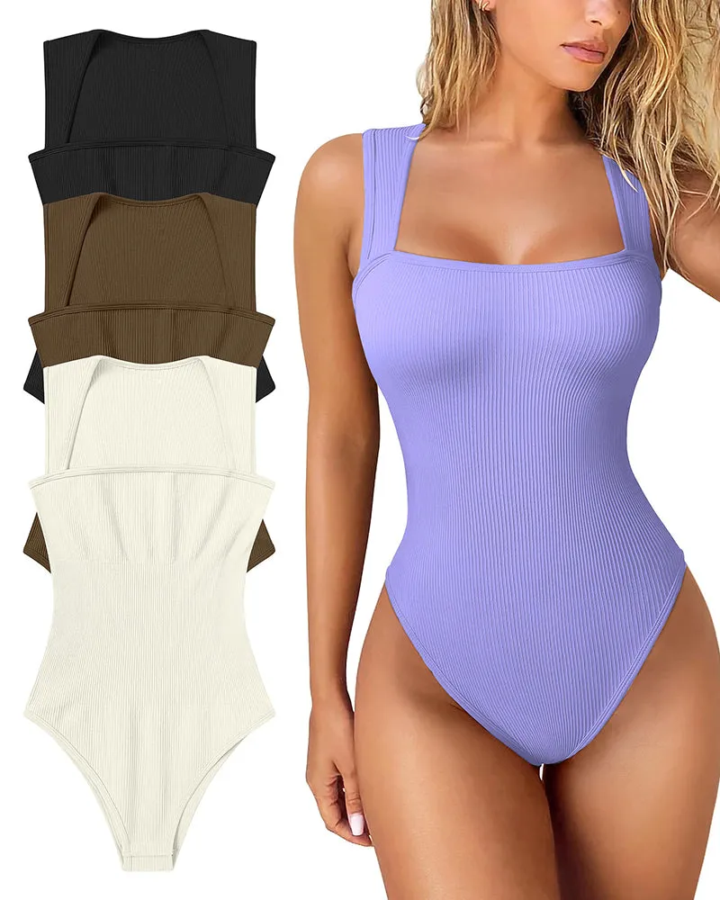 🔥Buy 1 get 1 free  🔥Sexy Ribbed Strappy Square Neck Sleeveless Tummy Control Tank Tops Bodysuits🩱
