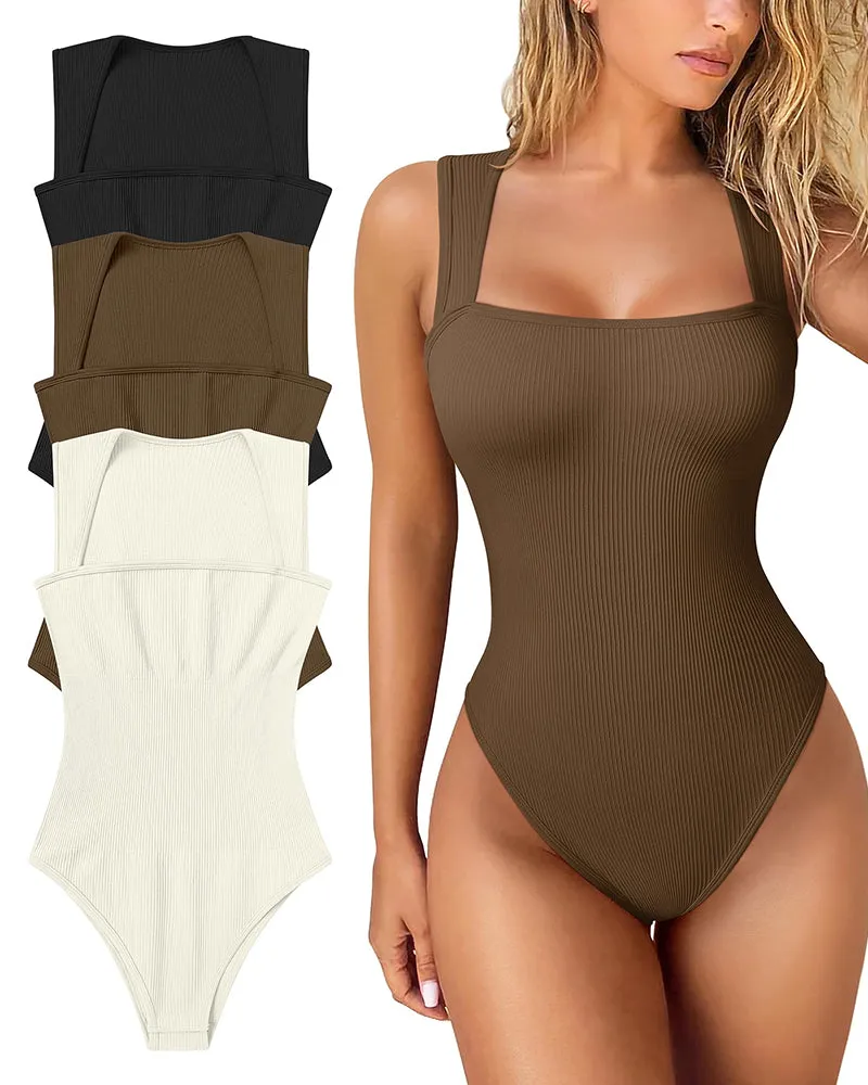 🔥Buy 1 get 1 free  🔥Sexy Ribbed Strappy Square Neck Sleeveless Tummy Control Tank Tops Bodysuits🩱