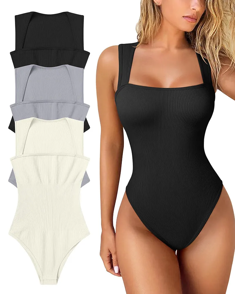 🔥Buy 1 get 1 free  🔥Sexy Ribbed Strappy Square Neck Sleeveless Tummy Control Tank Tops Bodysuits🩱