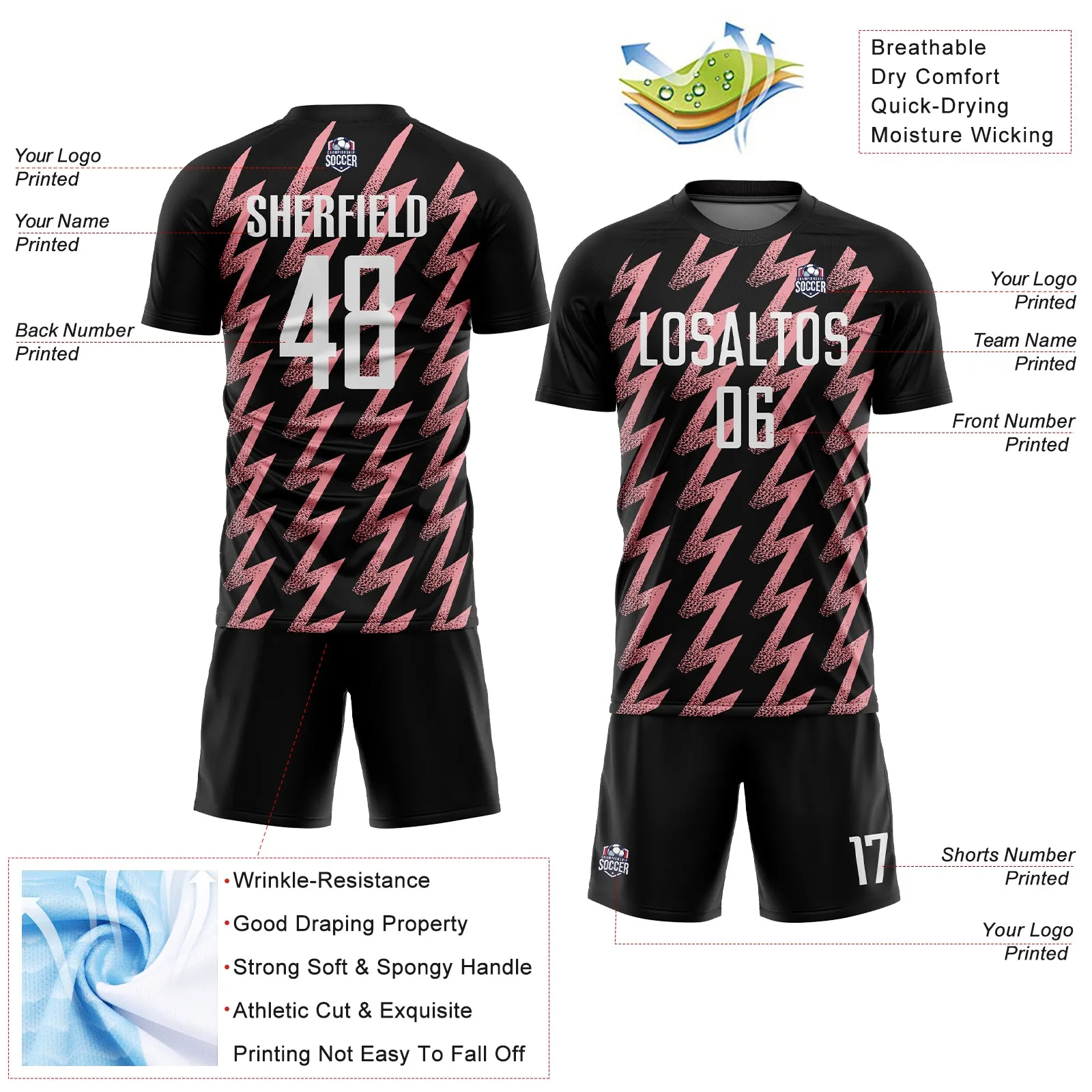 Custom Black White-Medium Pink Zigzag Shape Sublimation Soccer Uniform Jersey