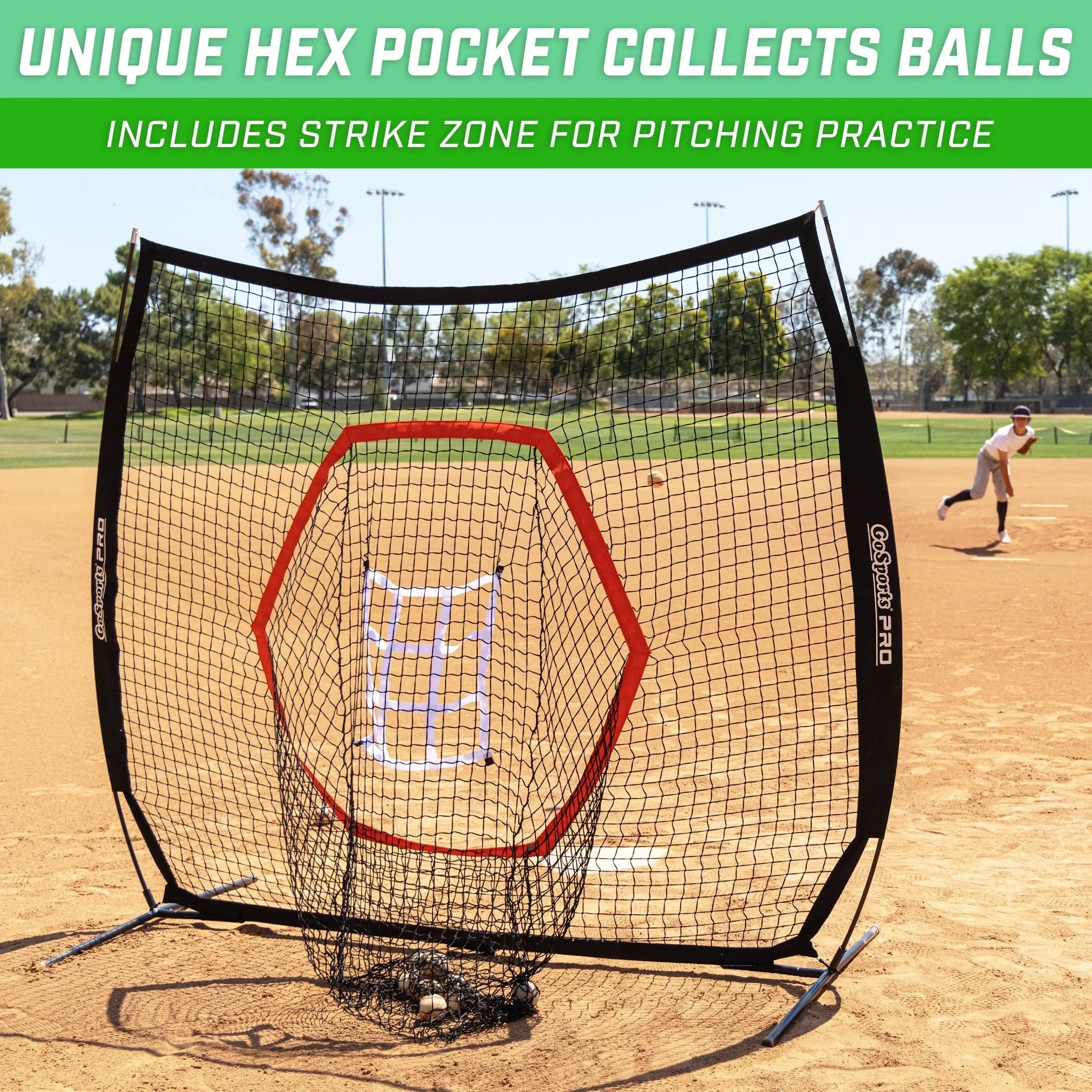 GoSports 7 ft x 7 ft PRO Baseball & Softball Practice Hitting & Pitching Net with Bow Type Frame, Carry Case and Strike Zone, Ultimate Training Net