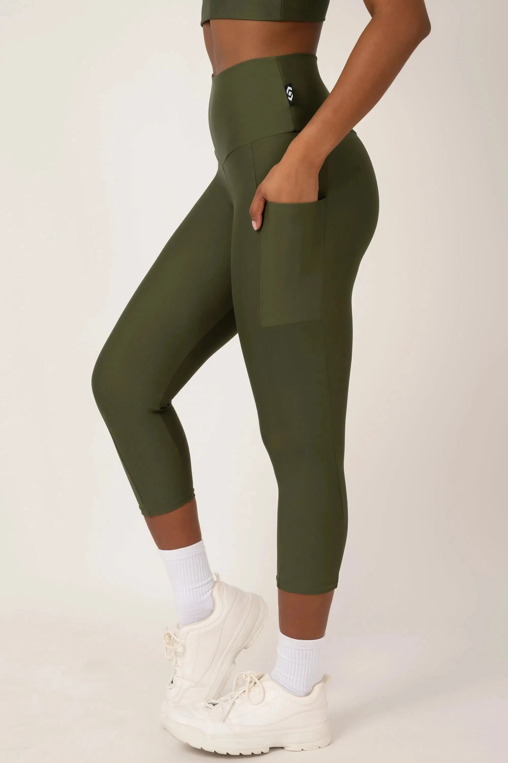 Performance Panel Pocket High Waisted Capri Leggings - Dark Khaki
