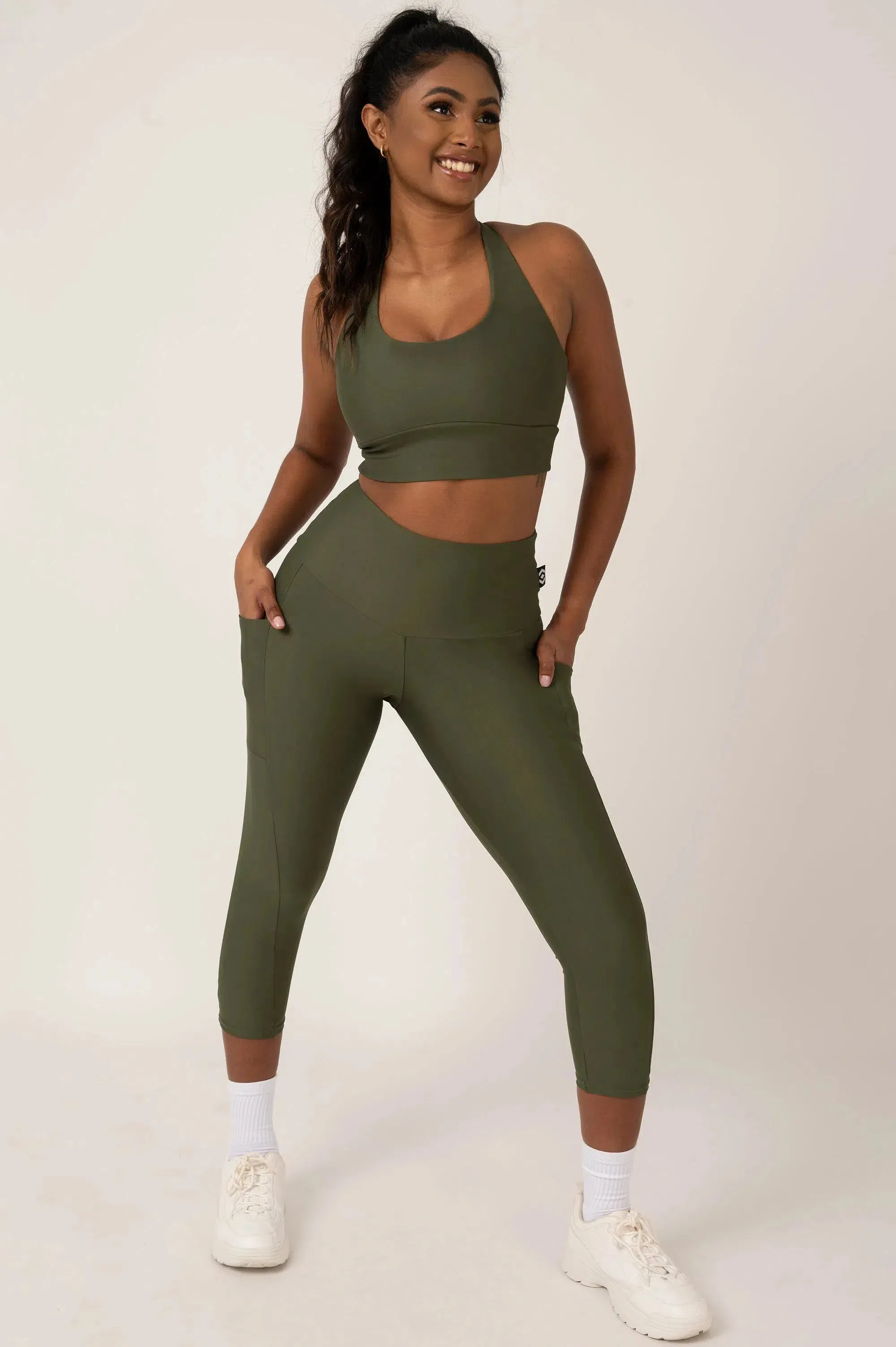 Performance Panel Pocket High Waisted Capri Leggings - Dark Khaki