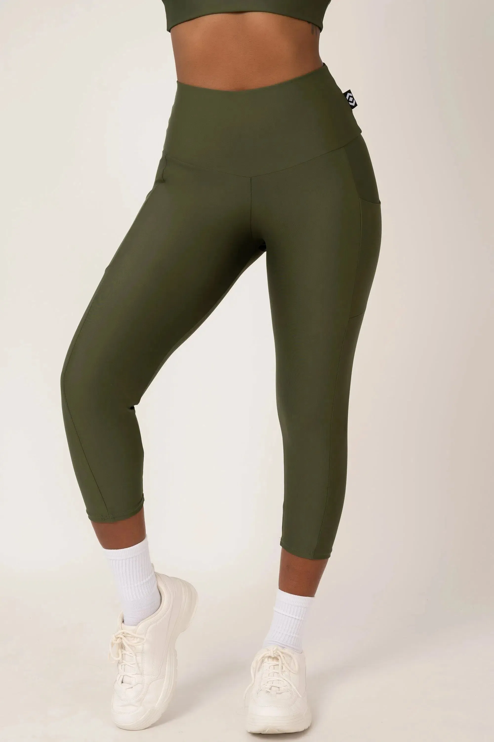 Performance Panel Pocket High Waisted Capri Leggings - Dark Khaki