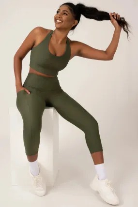 Performance Panel Pocket High Waisted Capri Leggings - Dark Khaki