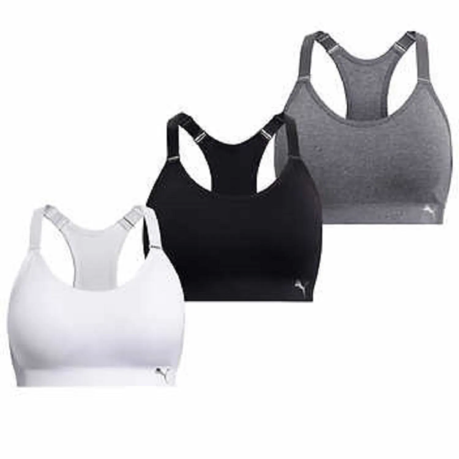 PUMA Sports Bra, Padded - Black, White, Gray - 3-pack