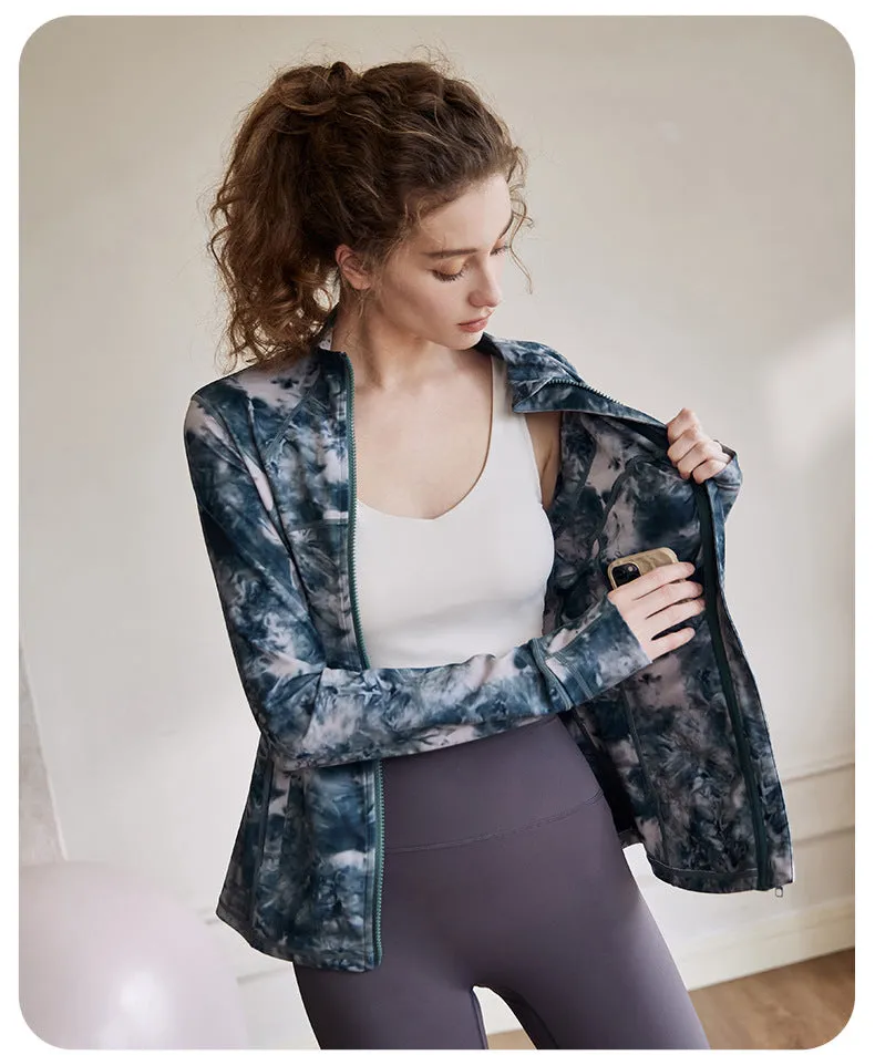 Women Autumn Winter Tie Dye Sports Gym Long Sleeve Zip Up Fitness Skinny Yoga Jackets