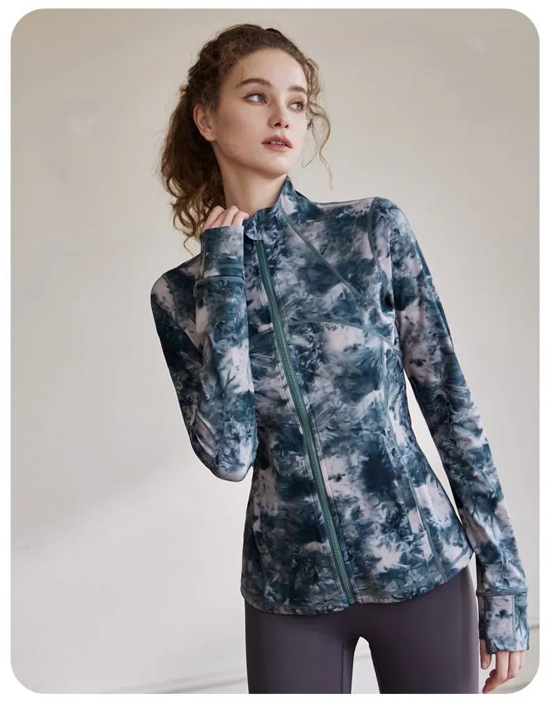 Women Autumn Winter Tie Dye Sports Gym Long Sleeve Zip Up Fitness Skinny Yoga Jackets