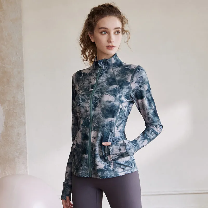 Women Autumn Winter Tie Dye Sports Gym Long Sleeve Zip Up Fitness Skinny Yoga Jackets