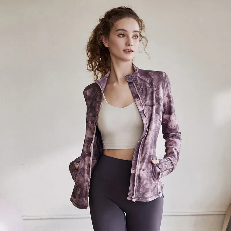 Women Autumn Winter Tie Dye Sports Gym Long Sleeve Zip Up Fitness Skinny Yoga Jackets