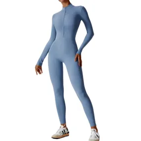 Zipper nude long sleeved yoga jumpsuit