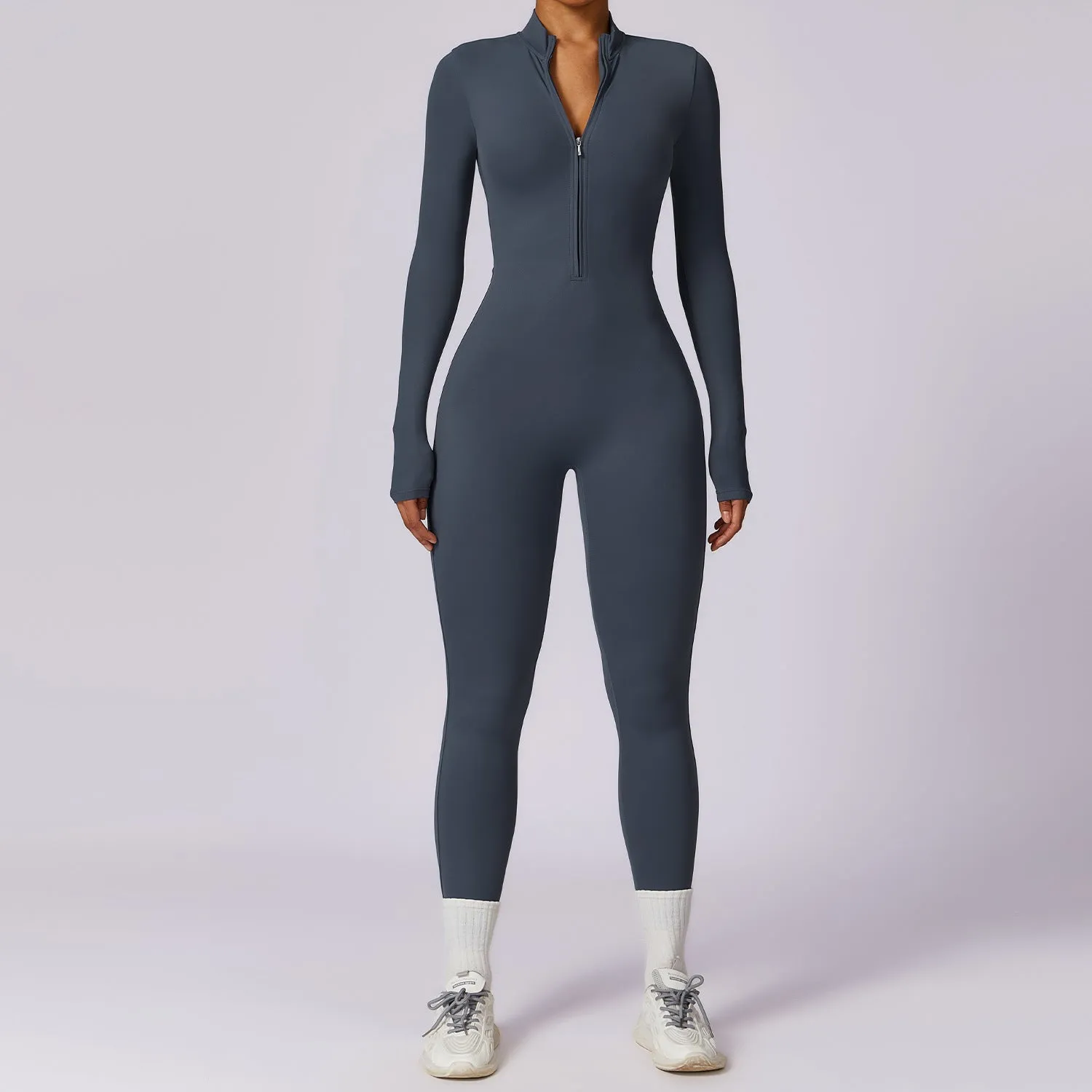 Zipper nude long sleeved yoga jumpsuit