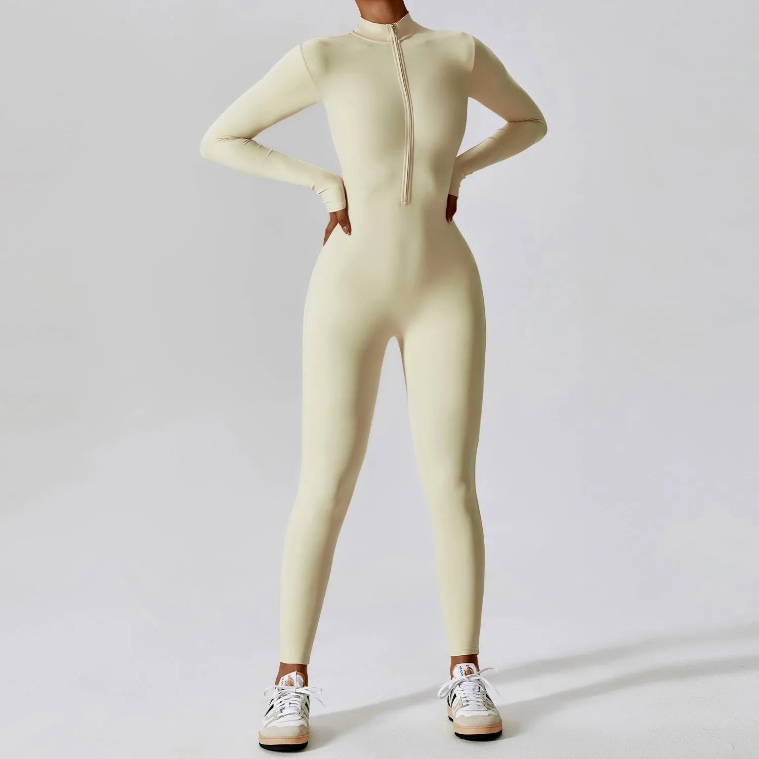 Zipper nude long sleeved yoga jumpsuit