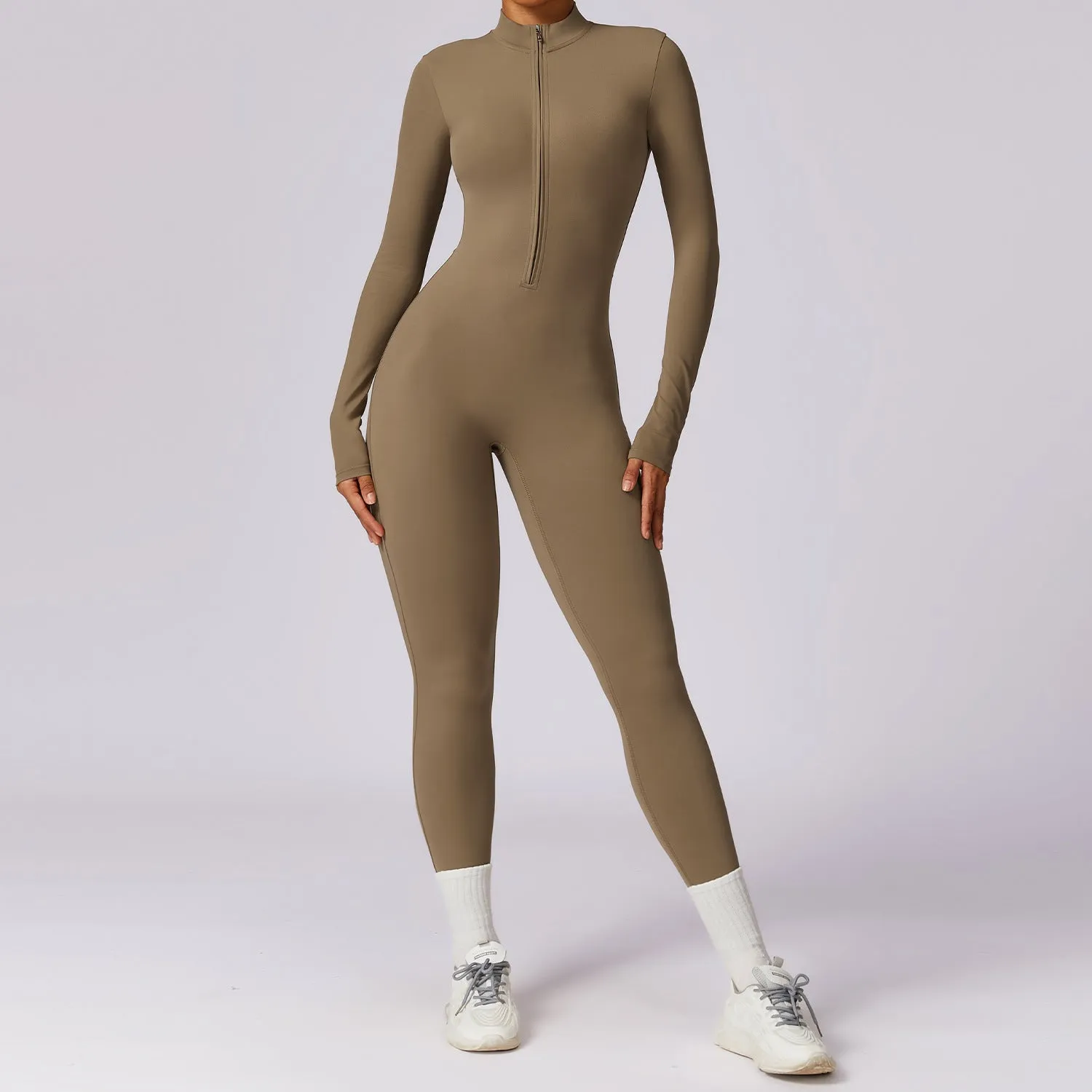 Zipper nude long sleeved yoga jumpsuit