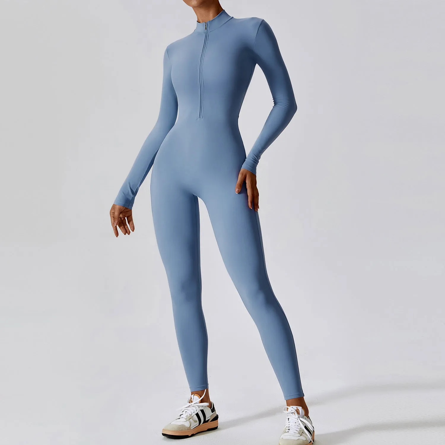 Zipper nude long sleeved yoga jumpsuit