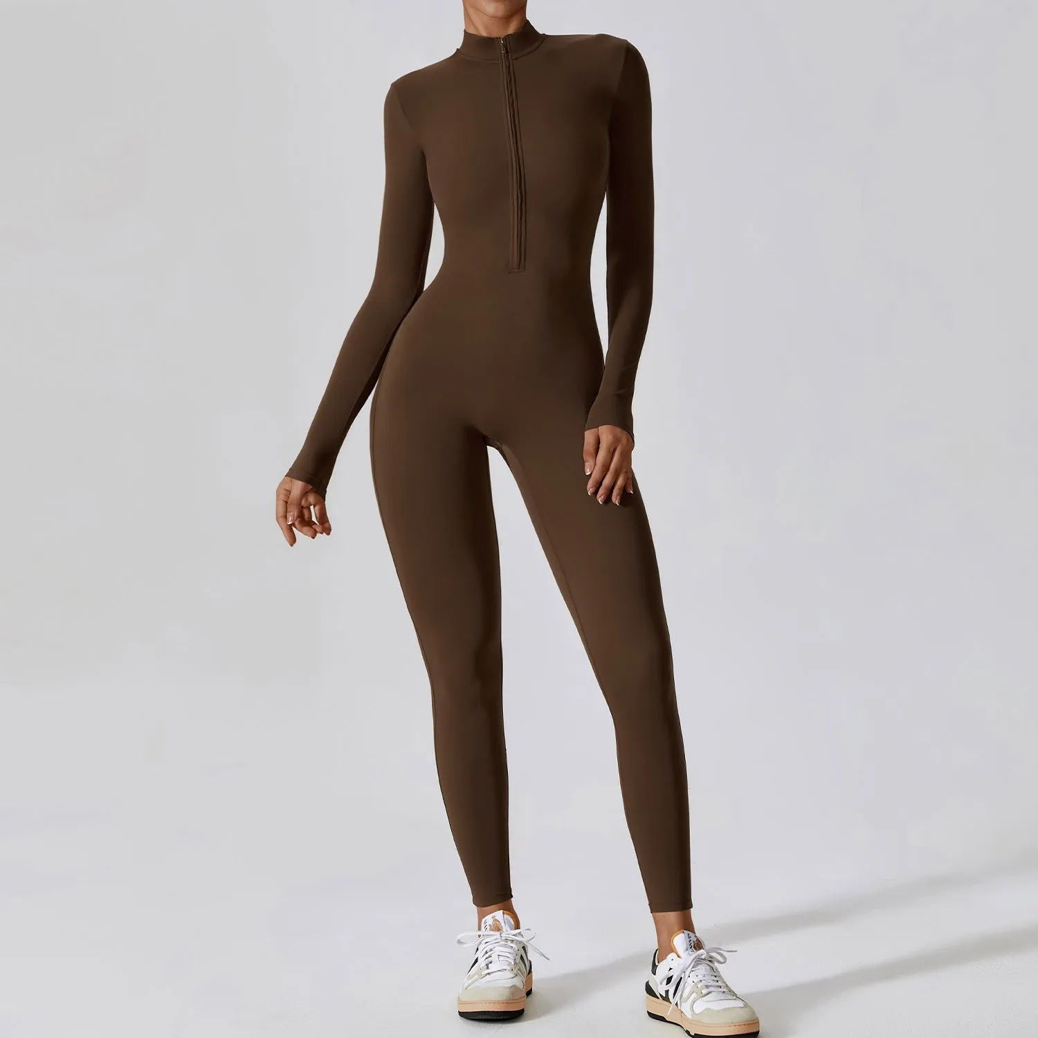 Zipper nude long sleeved yoga jumpsuit
