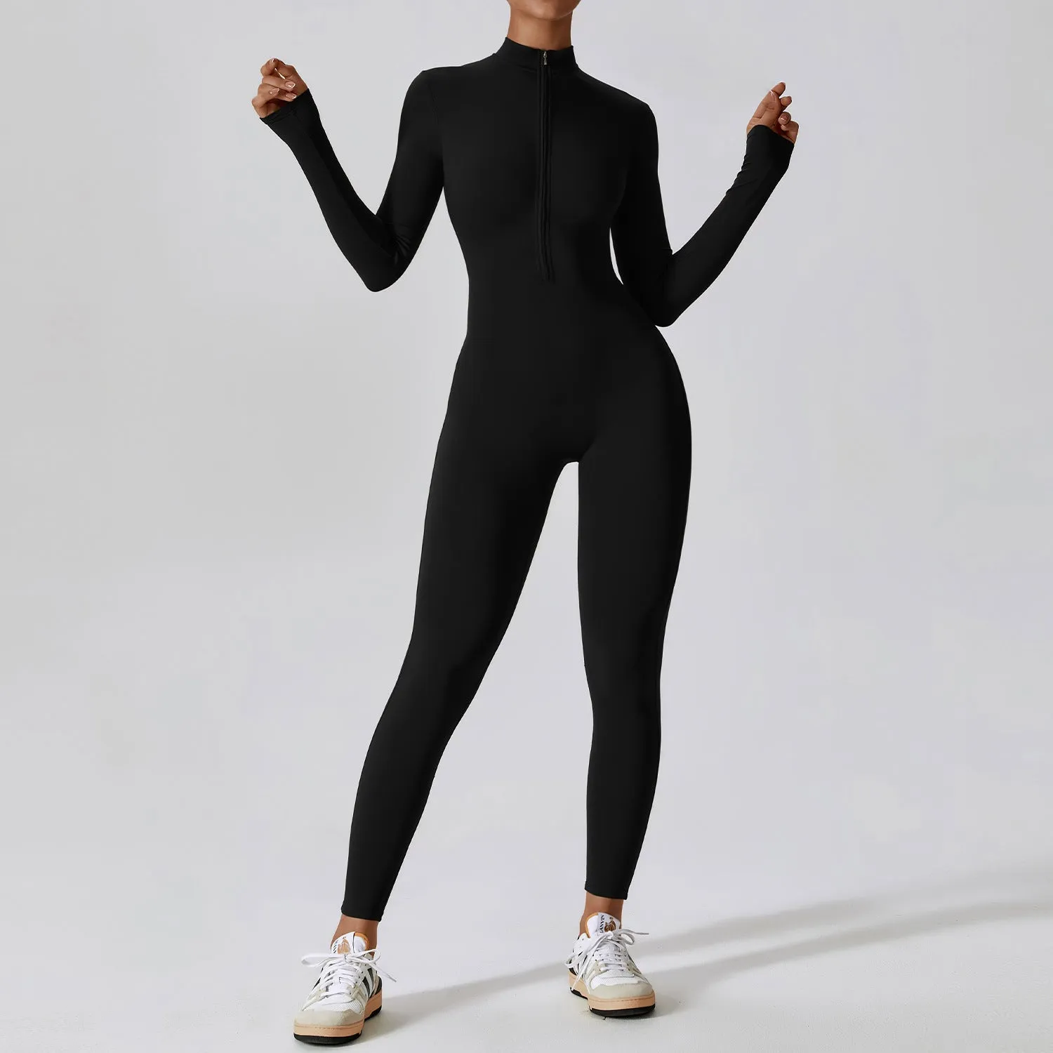 Zipper nude long sleeved yoga jumpsuit