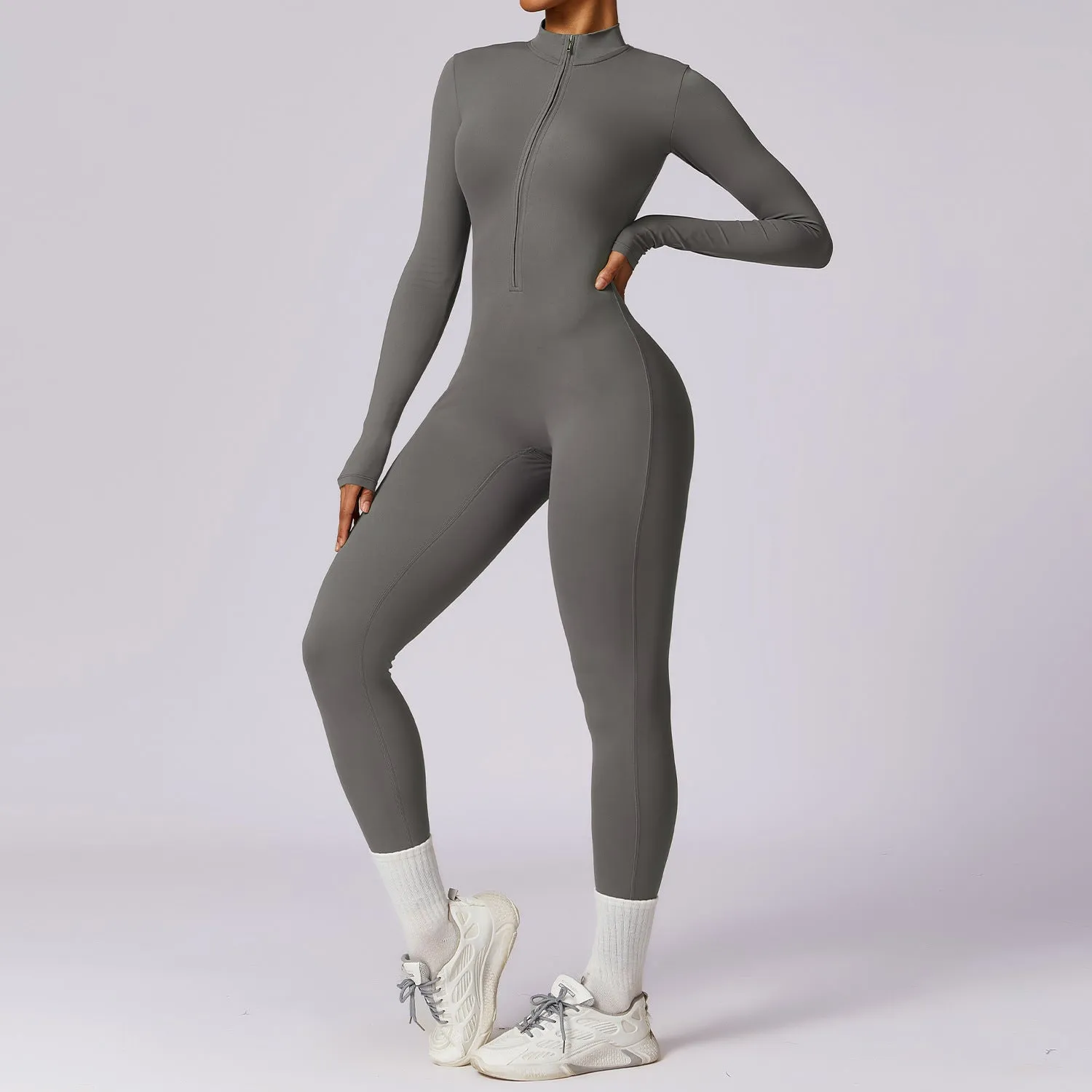 Zipper nude long sleeved yoga jumpsuit