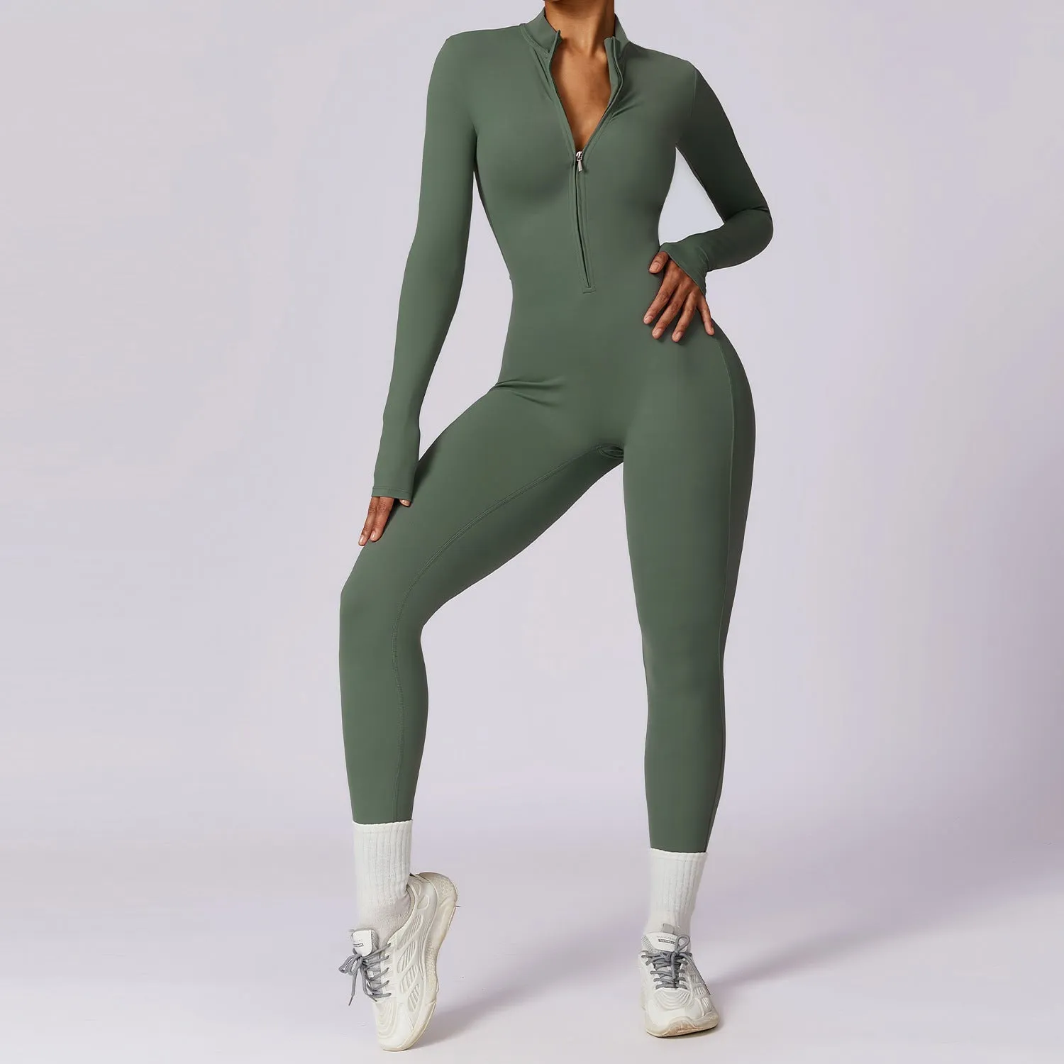 Zipper nude long sleeved yoga jumpsuit