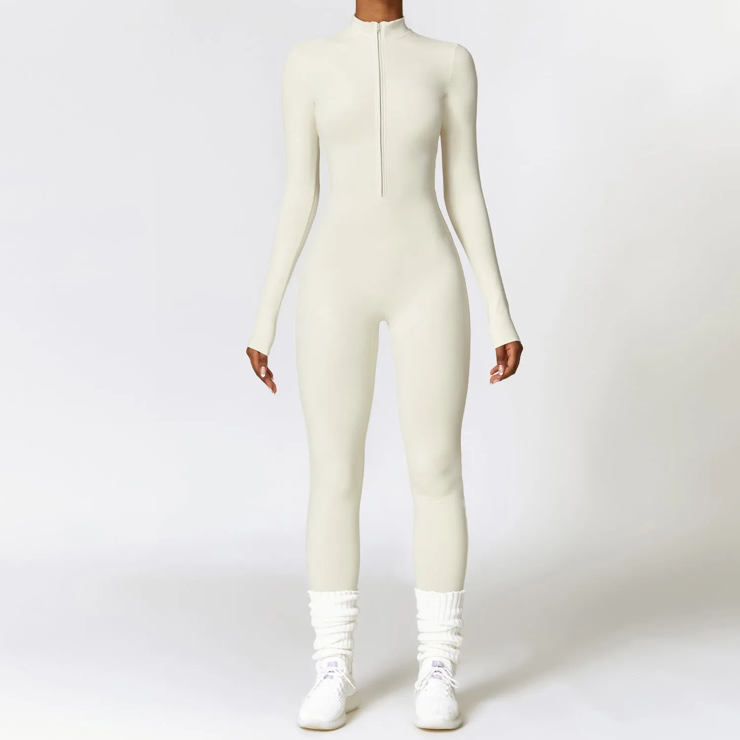 Zipper nude tight fitting velvet yoga jumpsuit,