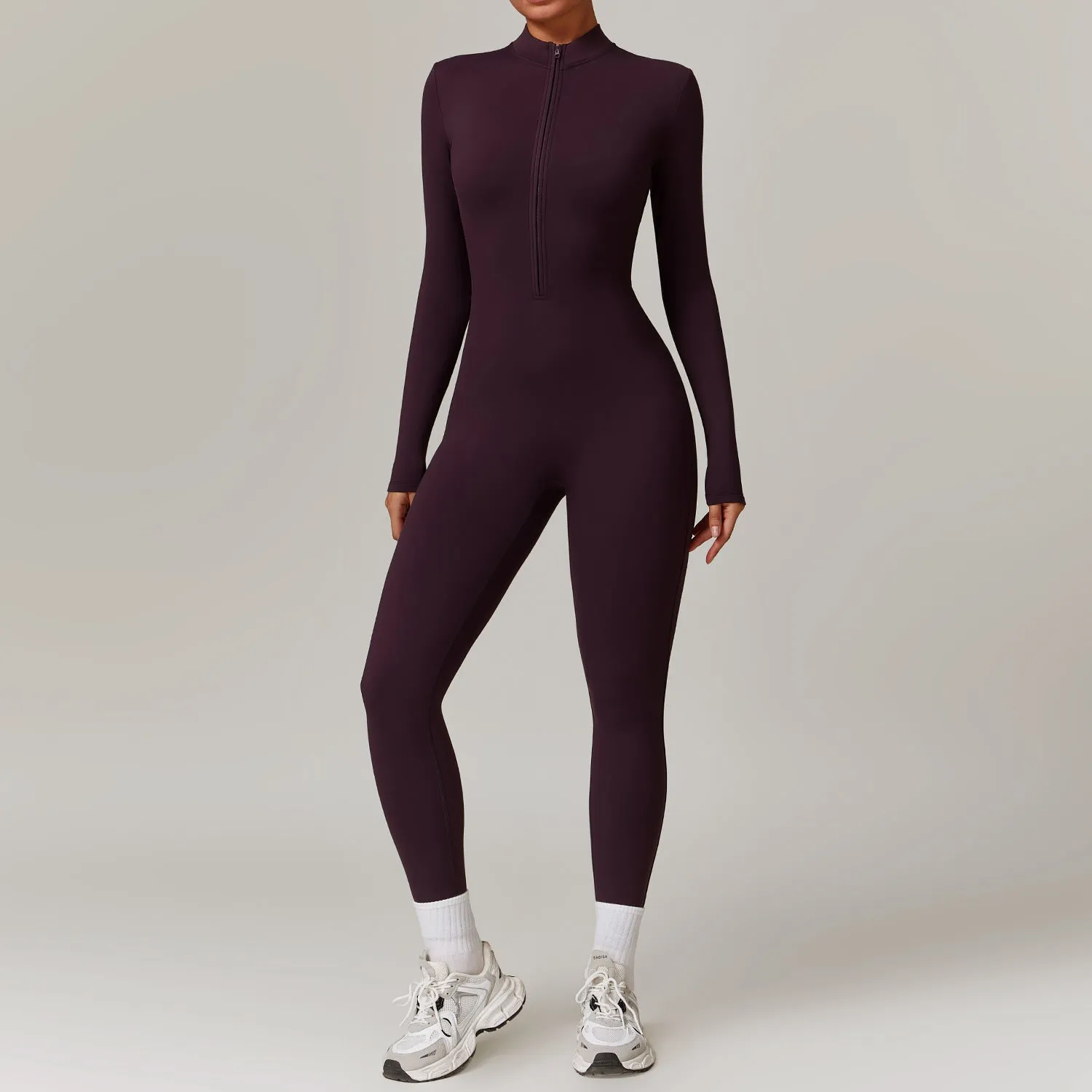 Zipper nude tight fitting velvet yoga jumpsuit,