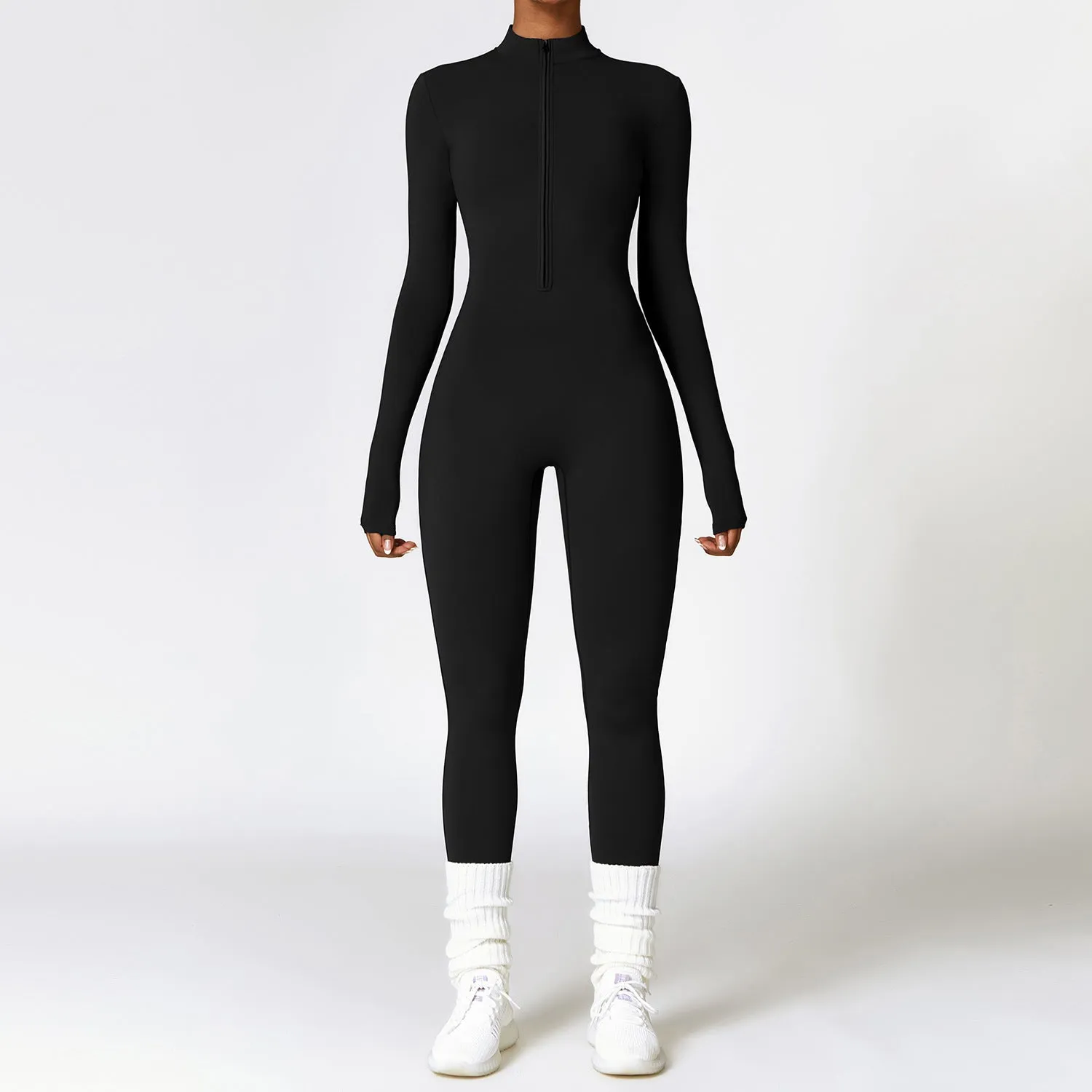 Zipper nude tight fitting velvet yoga jumpsuit,
